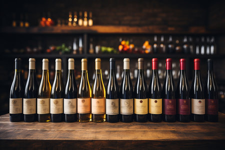Multiple bottles of wine lined up in the style of rusticの素材