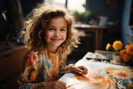 Girl holding a paintbrush, facing the camera, drawing on a wooden table, children's room backgroundの素材