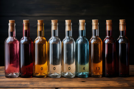 Multiple bottles of wine lined up in the style of rusticの素材
