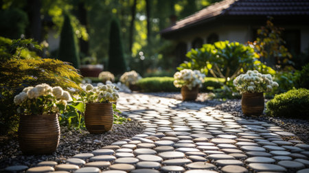 Garden path paving stones and grass.の素材