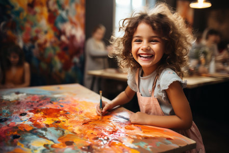 Girl holding a paintbrush, facing the camera, drawing on a wooden table, children's room backgroundの素材