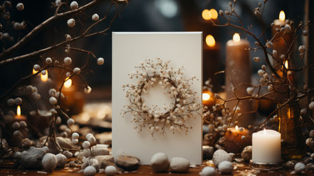 Mockup of Christmas card in Christmas branches, in the style of large canvas formatの素材