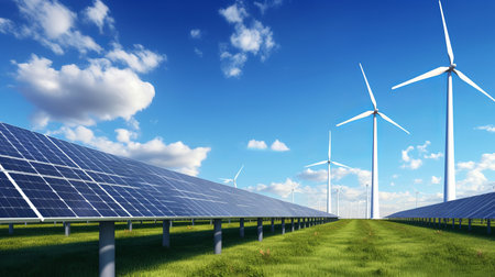 Solar panels and wind turbines on summerの素材