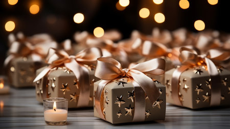 Several golden gift boxes with ribbons inside the boxの素材