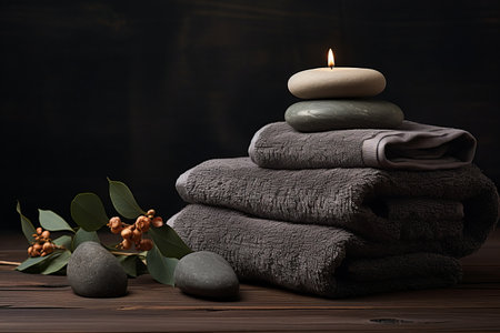 Spa towel stack on black table on bathroom interior.の素材