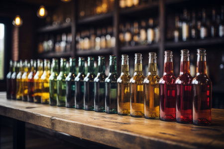 Multiple bottles of wine lined up in the style of rusticの素材