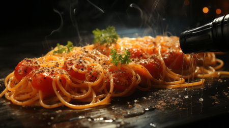 Spaghetti with pepper spray on black background.の素材
