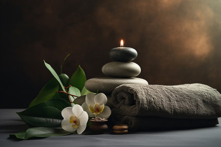 Spa towel stack on black table on bathroom interior.の素材