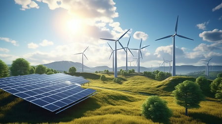 Solar panels and wind turbines on summerの素材