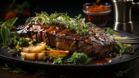 plate with steak asparagus and sauce.の素材