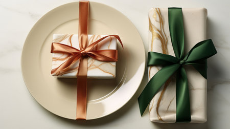 Two plates with gift wrapped on them, with a wine glassの素材