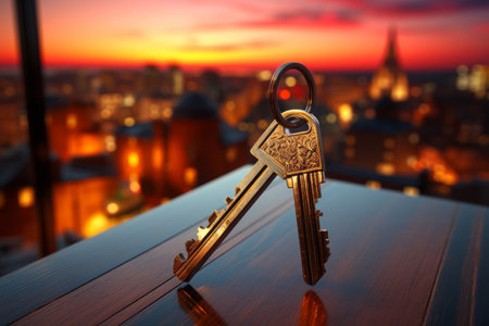 the house house key on a door handle during a sunsetの素材