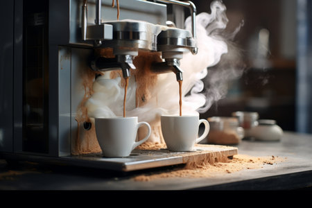 Two coffee cups being poured by espresso machine.の素材