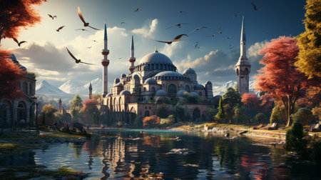 the mosque of Sophia with seagull flying low over it.の素材