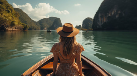 Traveler woman in summer dress relaxing on wooden boatの素材