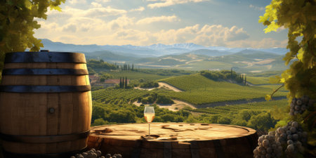 Wine barrel with vineyardの素材