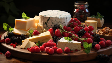 Various types of cheese and berries cheese and meatsの素材