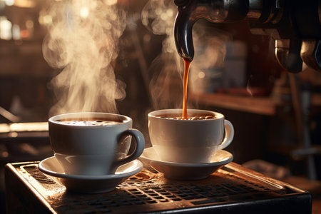 Two coffee cups being poured by espresso machine.の素材