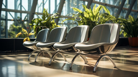 Gray chairs are at an airportの素材