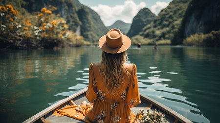 Traveler woman in summer dress relaxing on wooden boatの素材