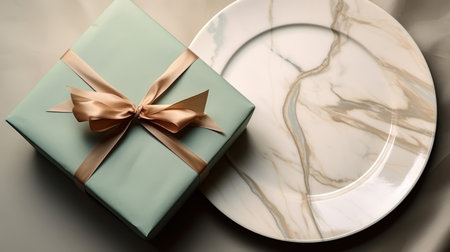 Two plates with gift wrapped on them, with a wine glassの素材