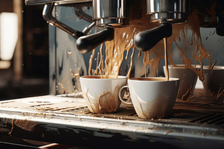 Two coffee cups being poured by espresso machine.の素材