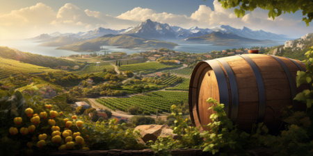 Wine barrel with vineyardの素材