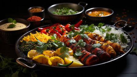 With colorful dishes of indian food.の素材