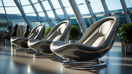 Gray chairs are at an airportの素材