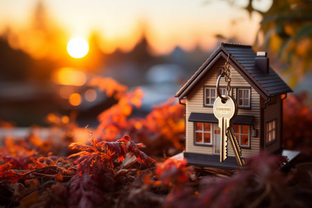 the house house key on a door handle during a sunsetの素材