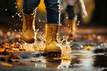 Feet of child in yellow rubber boots jumping over puddle in rainの素材