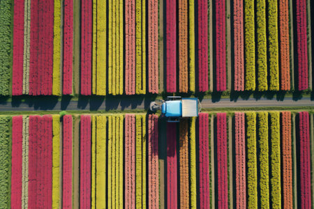An aerial photo of a tractor driving through flowerの素材