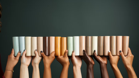 Hands holding different cosmetic productsの素材