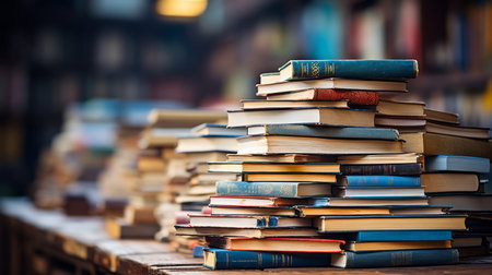 Hardcover book lying on a stack of other booksの素材