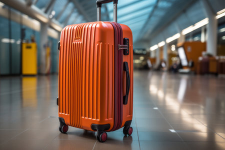 Suitcase in an airport in front of the windowsの素材