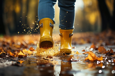 Feet of child in yellow rubber boots jumping over puddle in rainの素材