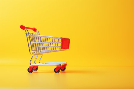 red shopping cart on yellow backgroundの素材