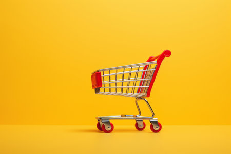 red shopping cart on yellow backgroundの素材