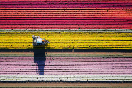 An aerial photo of a tractor driving through flowerの素材