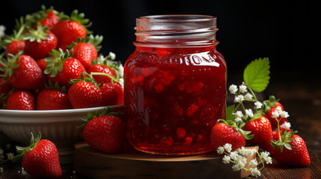 strawberry jam in a jar on a table in front of some fresh strawberries, in the style of dark beige and red,の素材