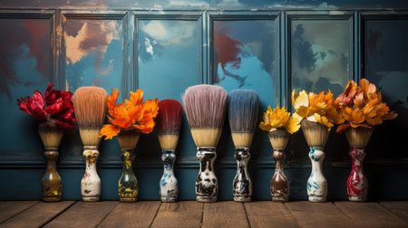 Row of artist paintbrushes closeup on artistic wooden backgroundの素材