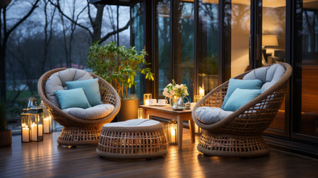 wicker furniture on a wooden porch with outdoor lightingの素材