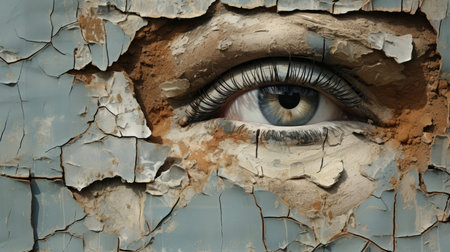 the head of a lady peering through a torn hole in paper, in the style of trick of the eye paintingsの素材