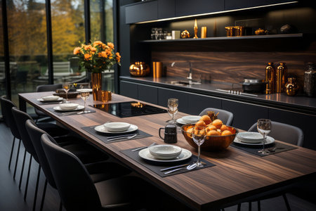 the modern kitchen has black cabinets and brown wooden cabinetsの素材