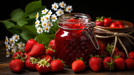 strawberry jam in a jar on a table in front of some fresh strawberries, in the style of dark beige and red,の素材