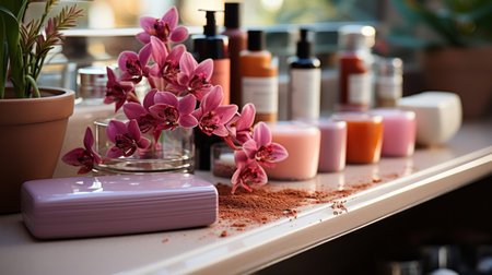 Set of cosmetic products in bathroomの素材