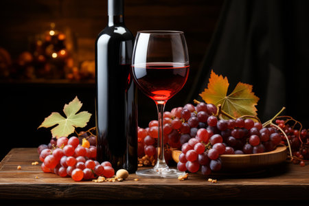 red wine bottle with glass and grapes on a rustic wooden tableの素材
