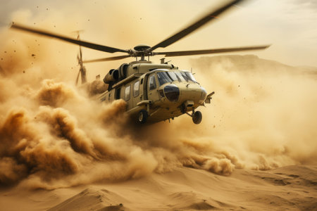 the helicopter flying in the air is covered in sandの素材