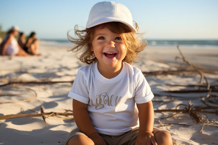 White baby tshirt mockup, smiling cute baby model sitting on the beachの素材