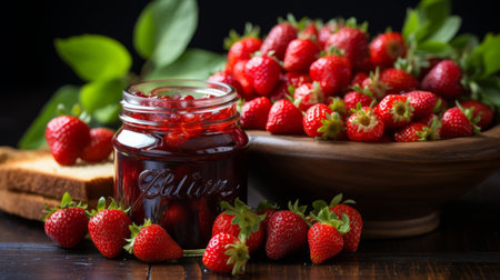 strawberry jam in a jar on a table in front of some fresh strawberries, in the style of dark beige and red,の素材